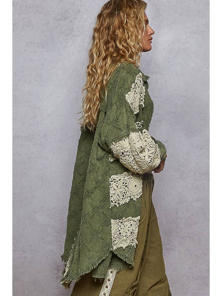 Pol Clothing - Wholesale Shirt Jacket/Shacket - Women's - Vintage washed oversize crochet patches shacket