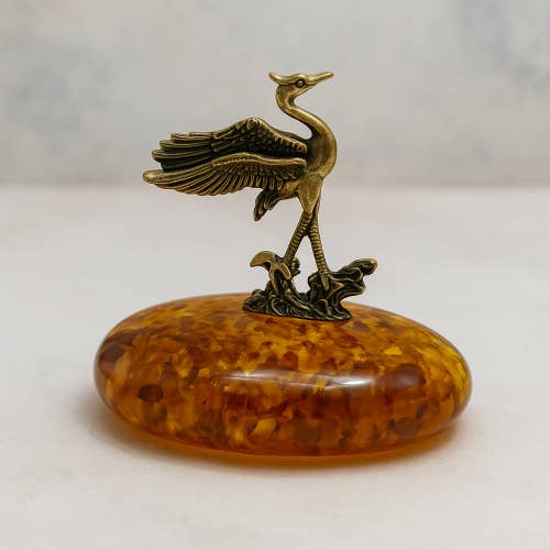 KIZIMA - Wholesale Decorative Figurine - USA Handmade Brass Crane Figurine on Amber Base - KIZIMA