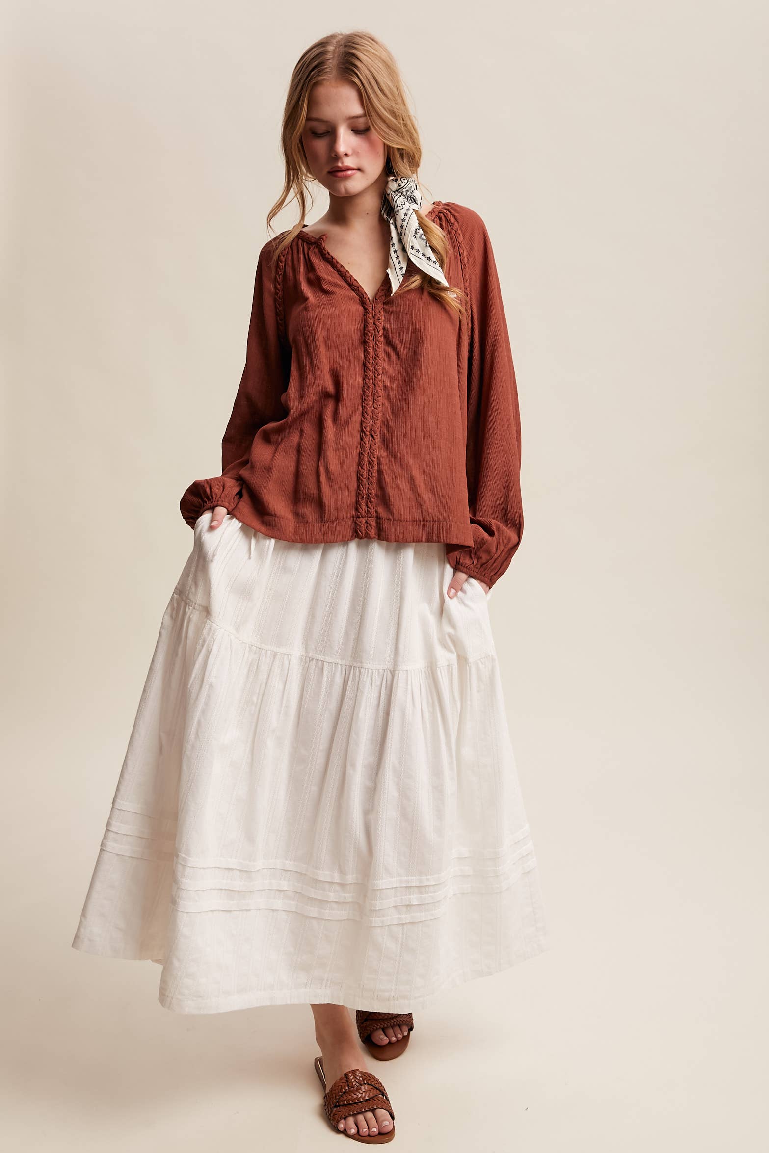 Listicle - Wholesale Blouse - Women's - Braided Trim Peasant Blouse LT144721