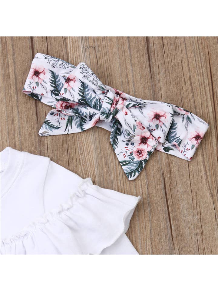 Fennco Styles - Wholesale Clothing Set - Baby - Floral Ruffled White Baby Long Sleeve Top, Pants & Headband