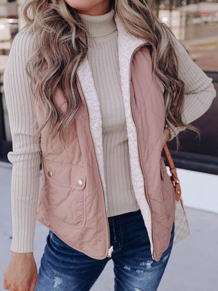 Lovesoft - Wholesale Outerwear Vest - Women's - Pink Fleece Lined Quilted Vest Coats
