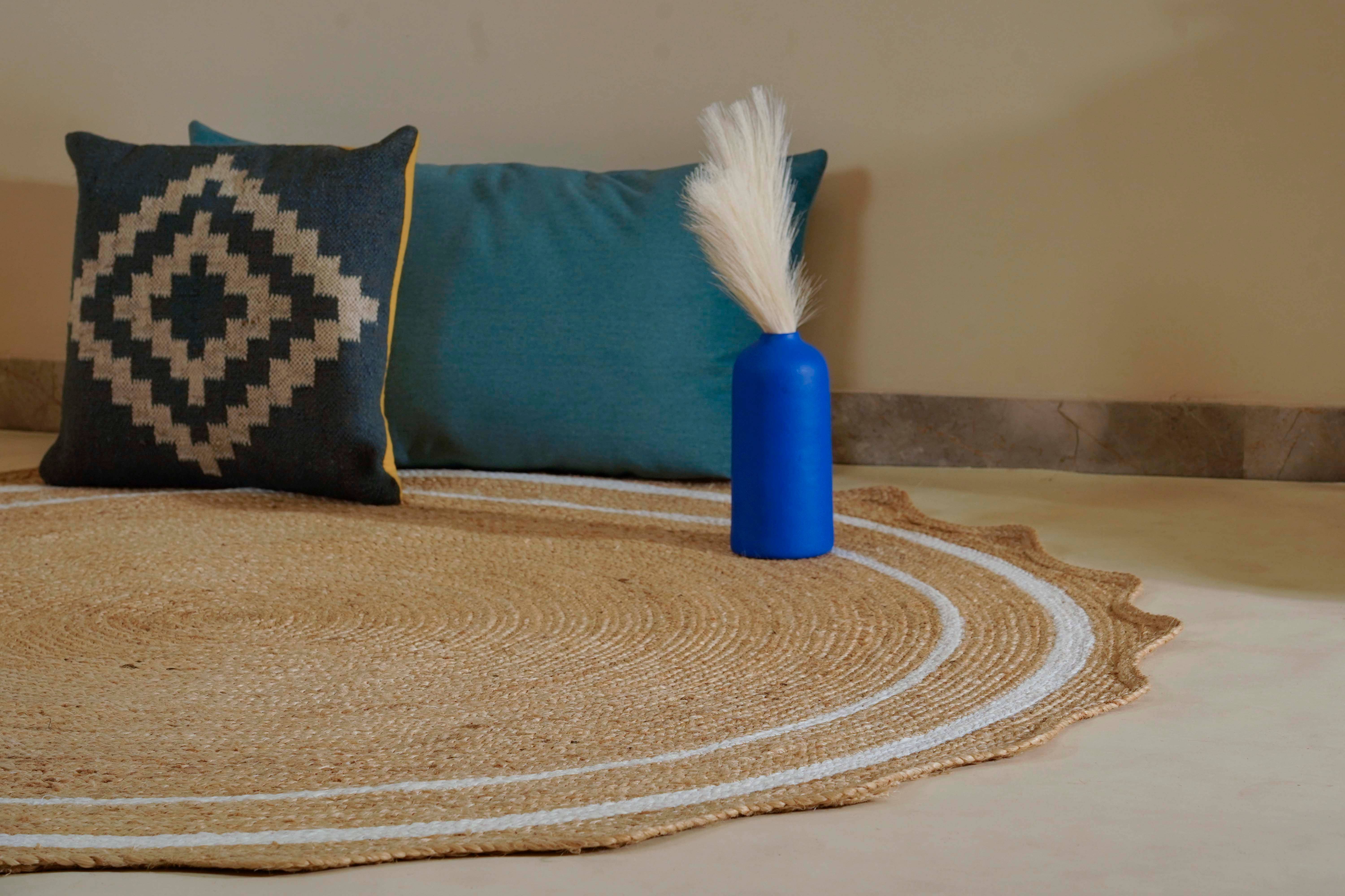 Chouhan Rugs - Wholesale Area Rug - Handmade Round Scalloped Jute Rug White Double Border Rug3