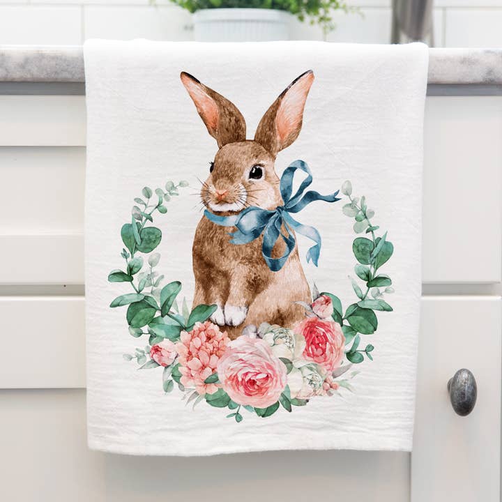 Easter Bunny Rabbit in Floral Wreath Kitchen Towel for wholesale by Love You a Latte Shop