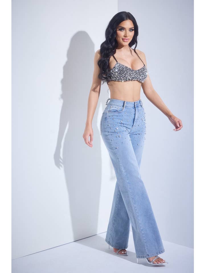 WFFS – Großhandel Jeans – Damen – Strass-Jeans mit hohem Bund und Stretch
