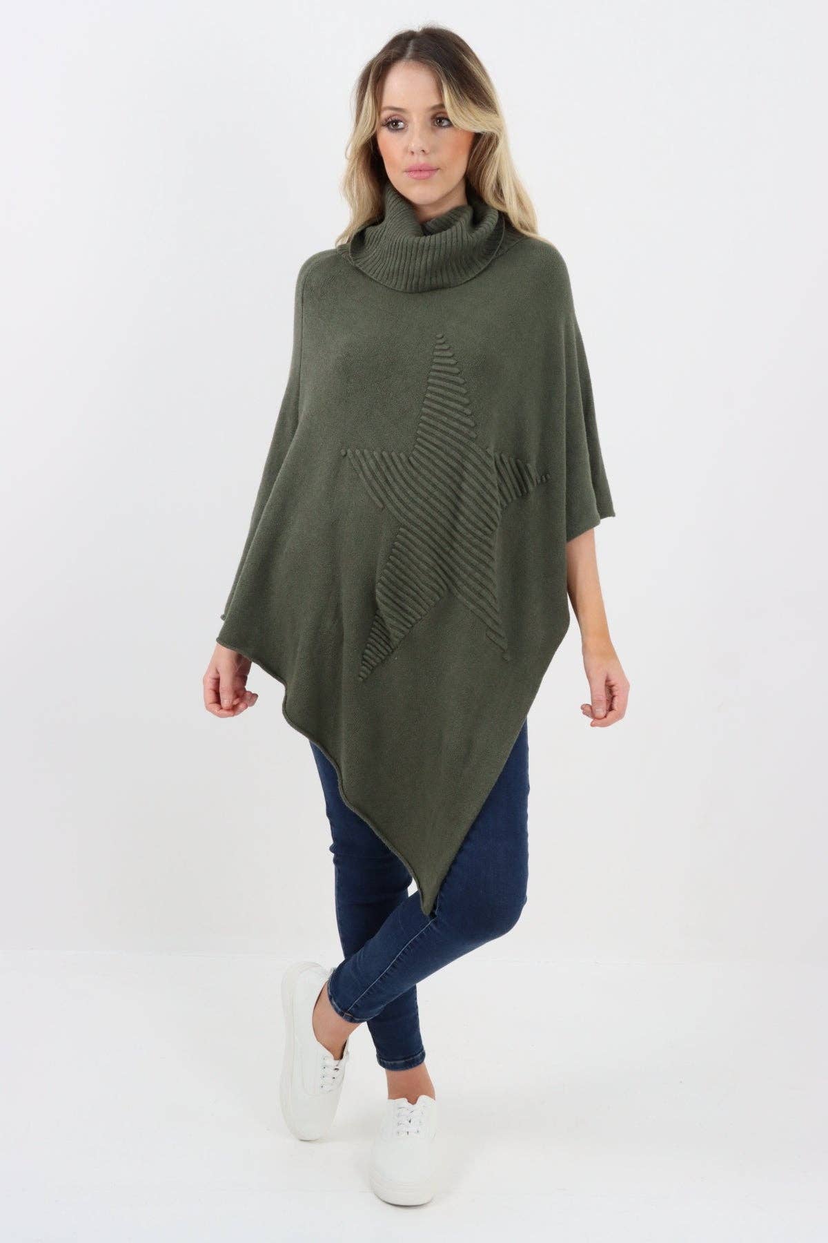 Miss Bold – Engroshandel Poncho - Dame – Italiensk strikket lagenlook poncho med stjernemønster og rullekrave17