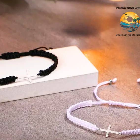 Paradise Island Gold and Silver - Wholesale Woven/Braided Bracelet - 50 Cross Charm Friendship Bracelets +Free Heart Prayer bowl