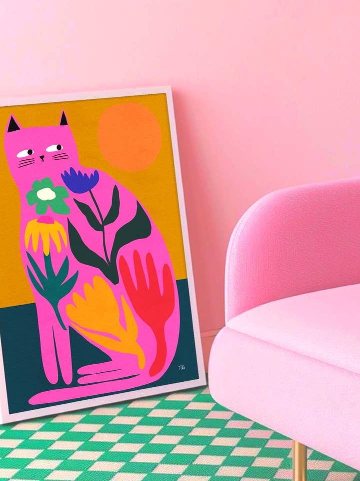 Blommigt kattkonsttryck: Färgglad kattillustration för wholesale av The Paper Tail