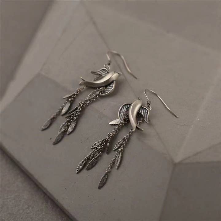 Silver Willow Leaf Swallow Tassel Long Earrings for wholesale on Faire4