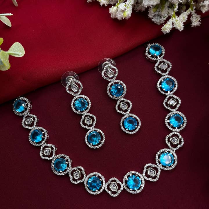 Conjunto Nupcial de Diamante Americano Azul Aqua Radiante por atacado de Vastrabhushan