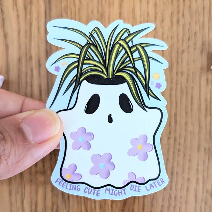 Feeling Cute Might Die Later Spider Plant Vinyl Sticker for wholesale by Jem and Cozy