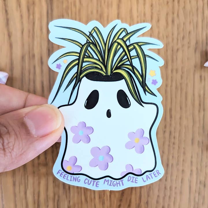 Feeling Cute Might Die Later Spider Plant Vinyl Sticker for wholesale by Jem and Cozy