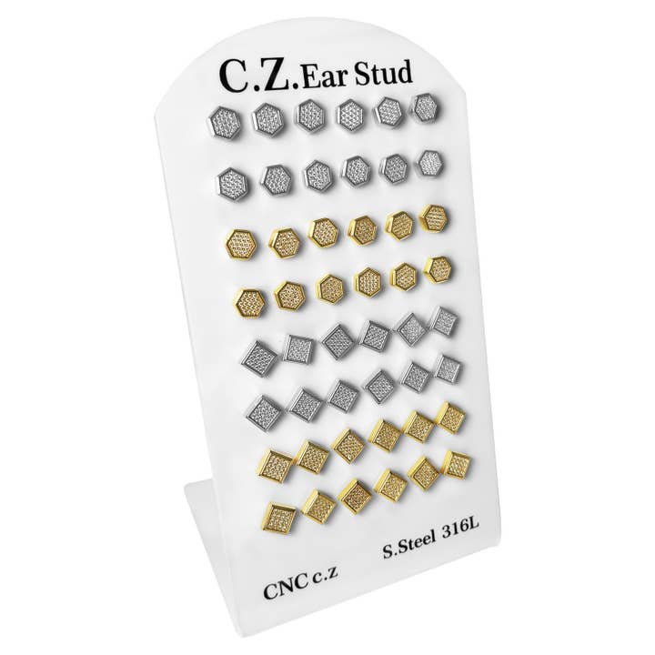 Stainless Steel CZ Hexagon & Square Stud Earrings Display for wholesale by AAB Style Inc.