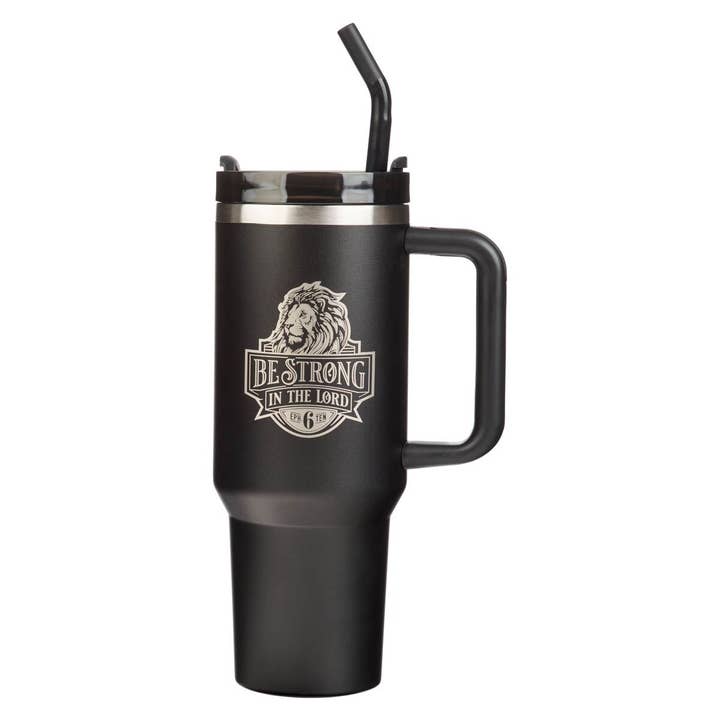 Tumbler w/straw SS Black Eph. 6:10 for wholesale by Christian Art Gifts