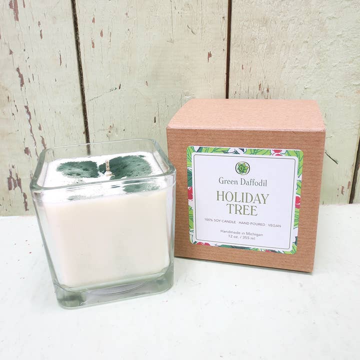 Holiday Tree Soy Candle in Large Glass Cube - Christmas for wholesale by Green Daffodil Bath & Body