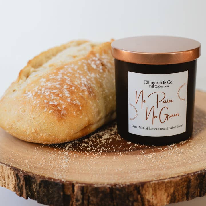 No Pain No Grain 8.5oz Matte Black Soy Candle Wooden Wick for wholesale by Ellington & Co.