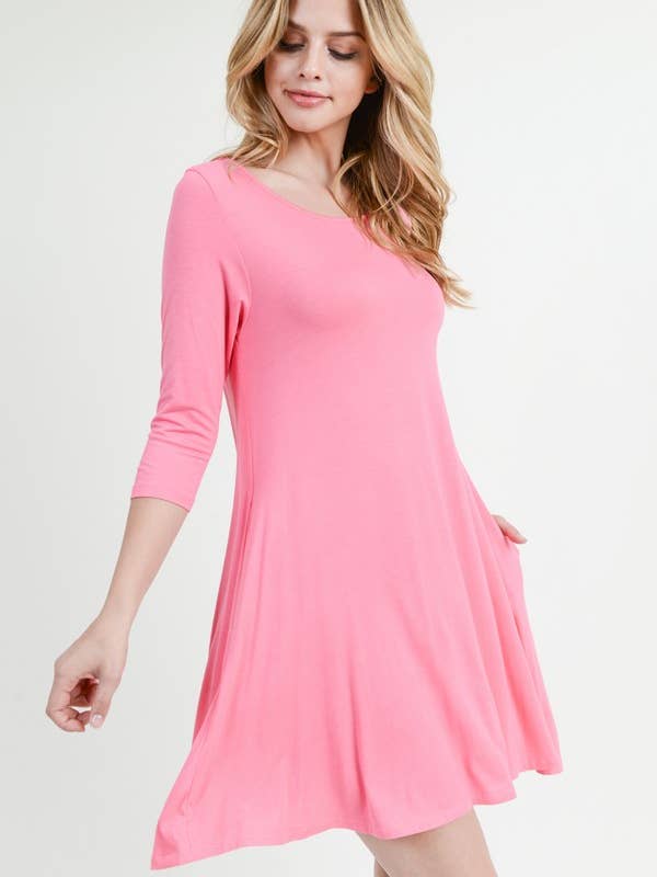 Soft Rayon Peach Skin 3/4 Sleeve Swing Dress with Pockets for wholesale by SERENITA