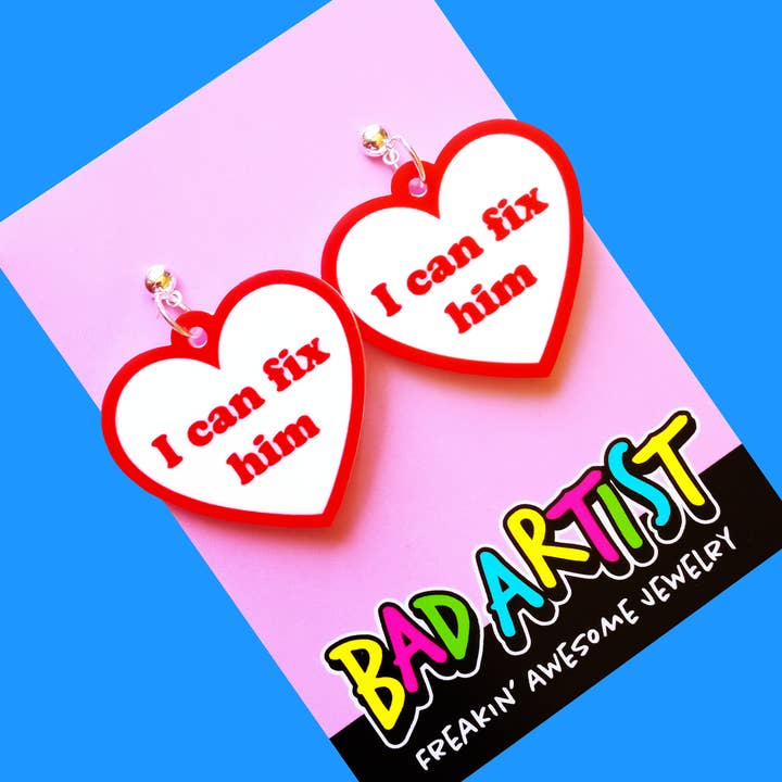 I Can Fix Him Acrylic Dangle Earrings for wholesale by Bad Artist Co