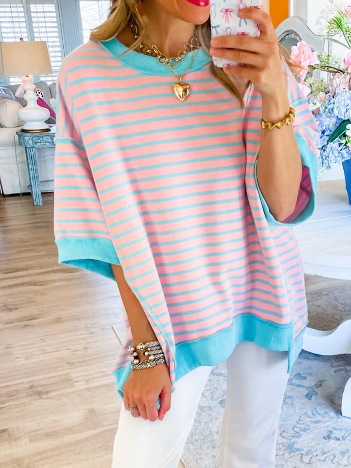 Pink Stripe Light Pink and Blue Stripe French Terry Top for wholesale by Our Home to Yours Candles & Gifts