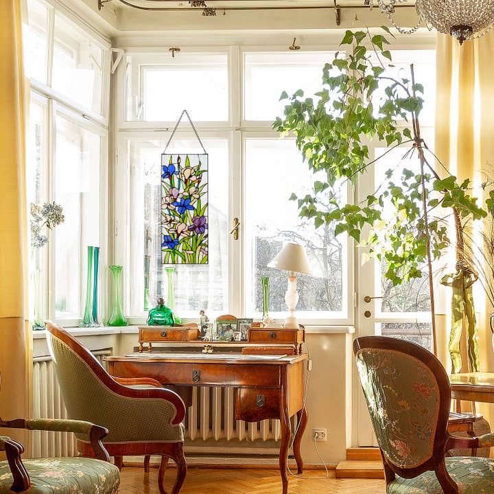 River of Goods - Wholesale Suncatcher - 28"H Floral Purple Iris Stained Glass Window Panel4