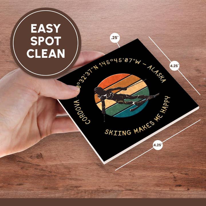 3dRose - Wholesale Coasters - 3dRose, Cordova, Alaska. Woman skier. Yellow, black. Downhill skiing gift, Coaster6