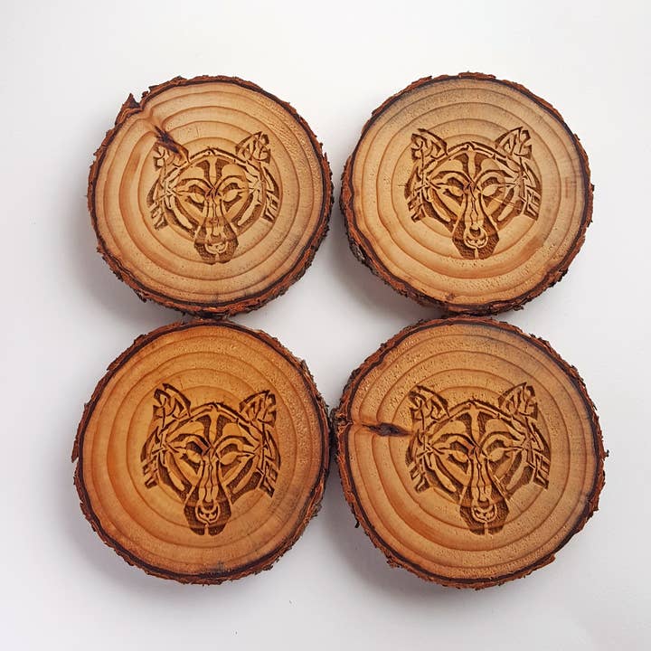 Lyoncraft – wholesale Coasters – Celtic Wolf Natural Pine Wood Slice Coasters, Animal Design4