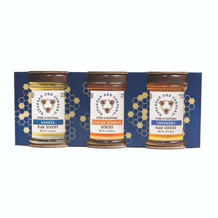 Savannah Bee Company - Wholesale Honey - 3, 3oz in Artisanal Sampler Blue Wrap