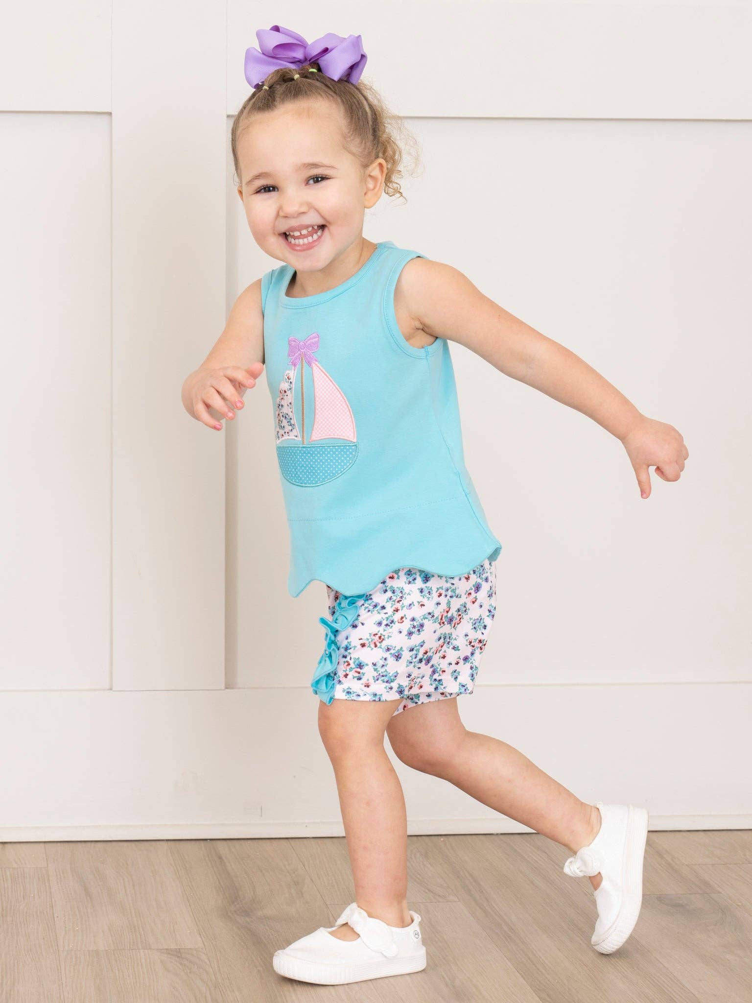 Marie Nicole Clothing - Wholesale Top & Short Set - Kids - Embroidered Sail Boats Floral Ruffle Outfit3