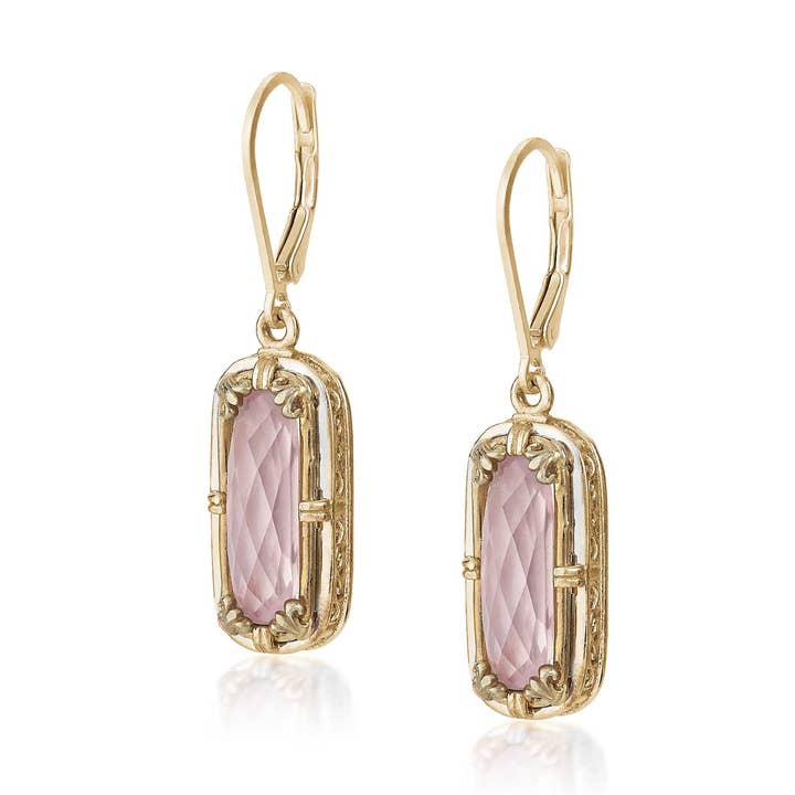 Brincos Retangulares Facetados em Quartzo Rosa em Ouro por atacado de Anatoli Jewelry