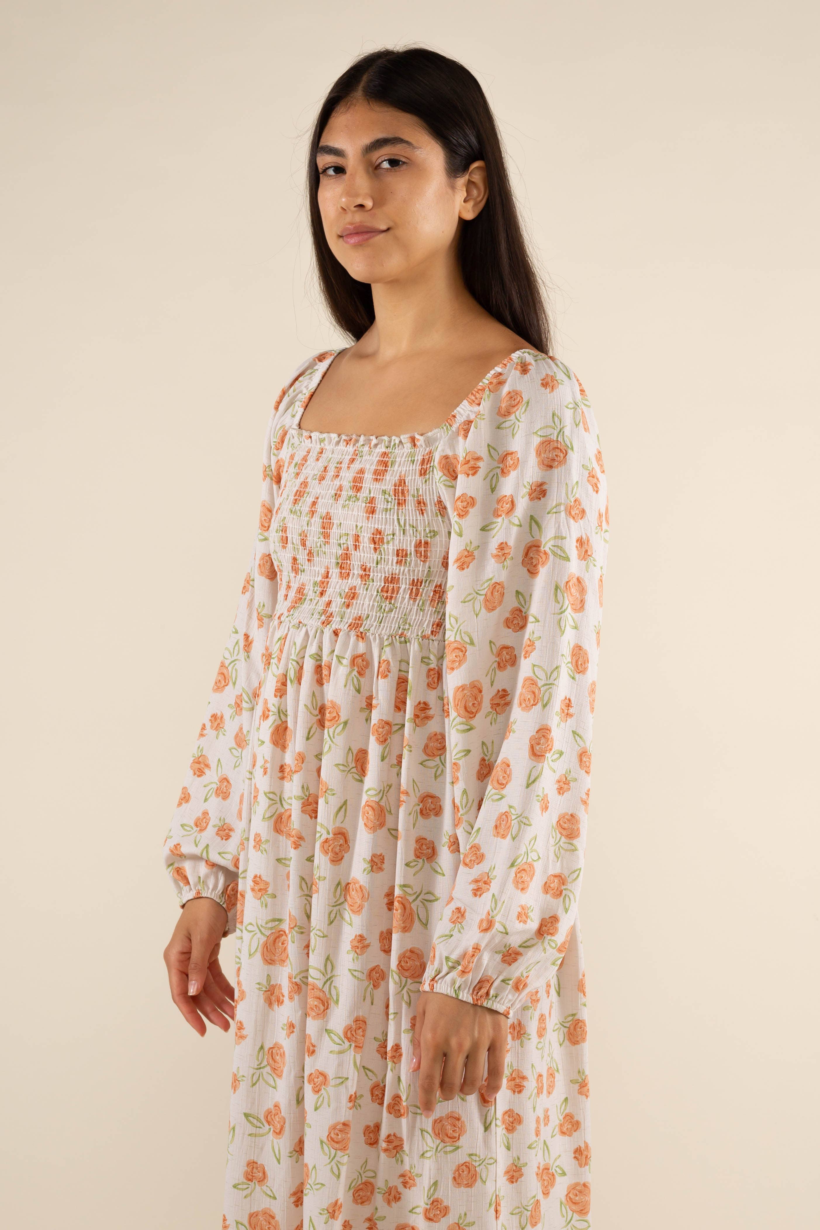 Orange/Elfenbeinfarbenes Muster Kleid mit Dawn Roses Print für den Großhandel auf Faire1