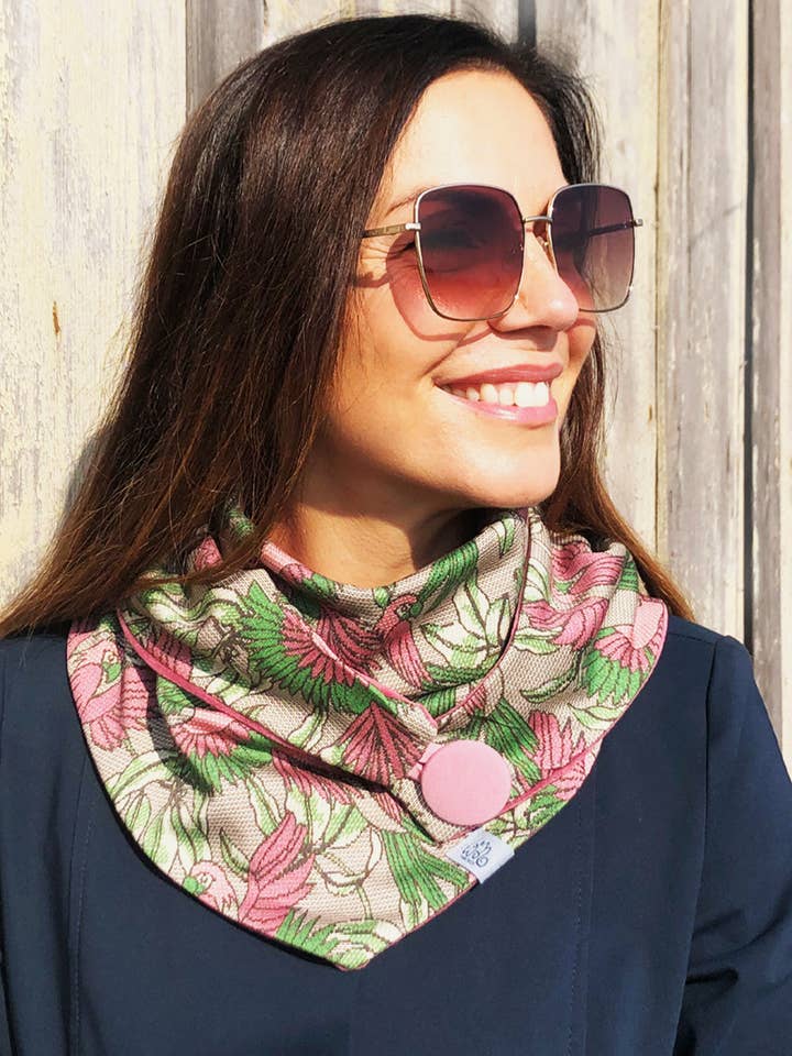 Triangular scarf | Jungle Bird | pink & green for wholesale by Wishproject