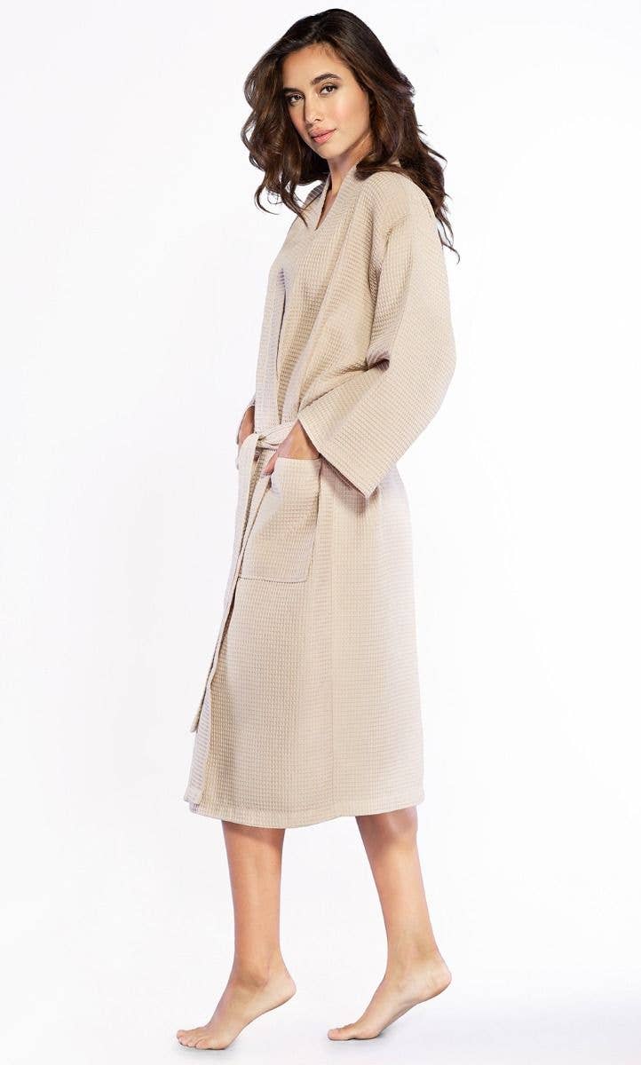 Taupe Kimono unisexe gaufré LM Brands, peignoir long taupe à motif carré LM7023-Taupe en vente sur Faire4