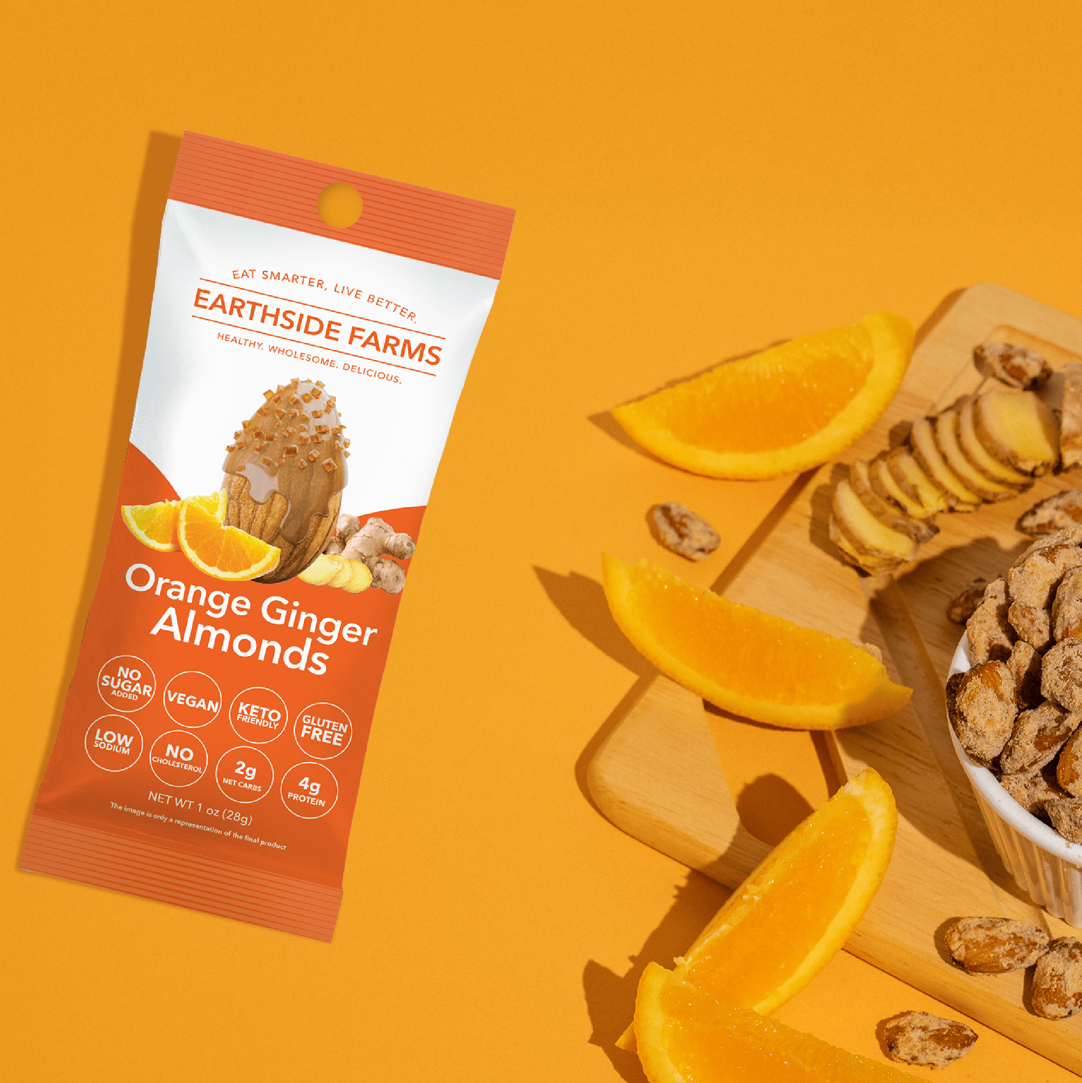 Earthside Farms - Venta al por mayor Frutos secos - Nueces Caramelizadas Veganas de Almendra, Jengibre y Naranja 1oz4