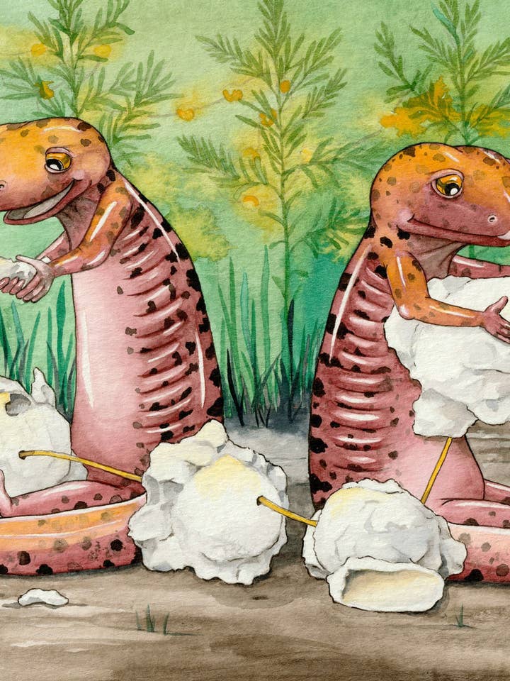 Garland Games Giclee Print: Red Salamanders & Popcorn for wholesale by Katie Crawford Art
