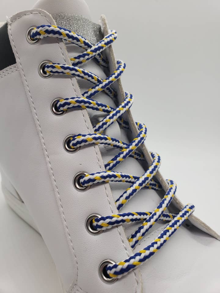 The Shoelace Factory - Wholesale Shoelaces - Unisex - Round Multi-Color Shoelaces - White, Blue and Yellow2