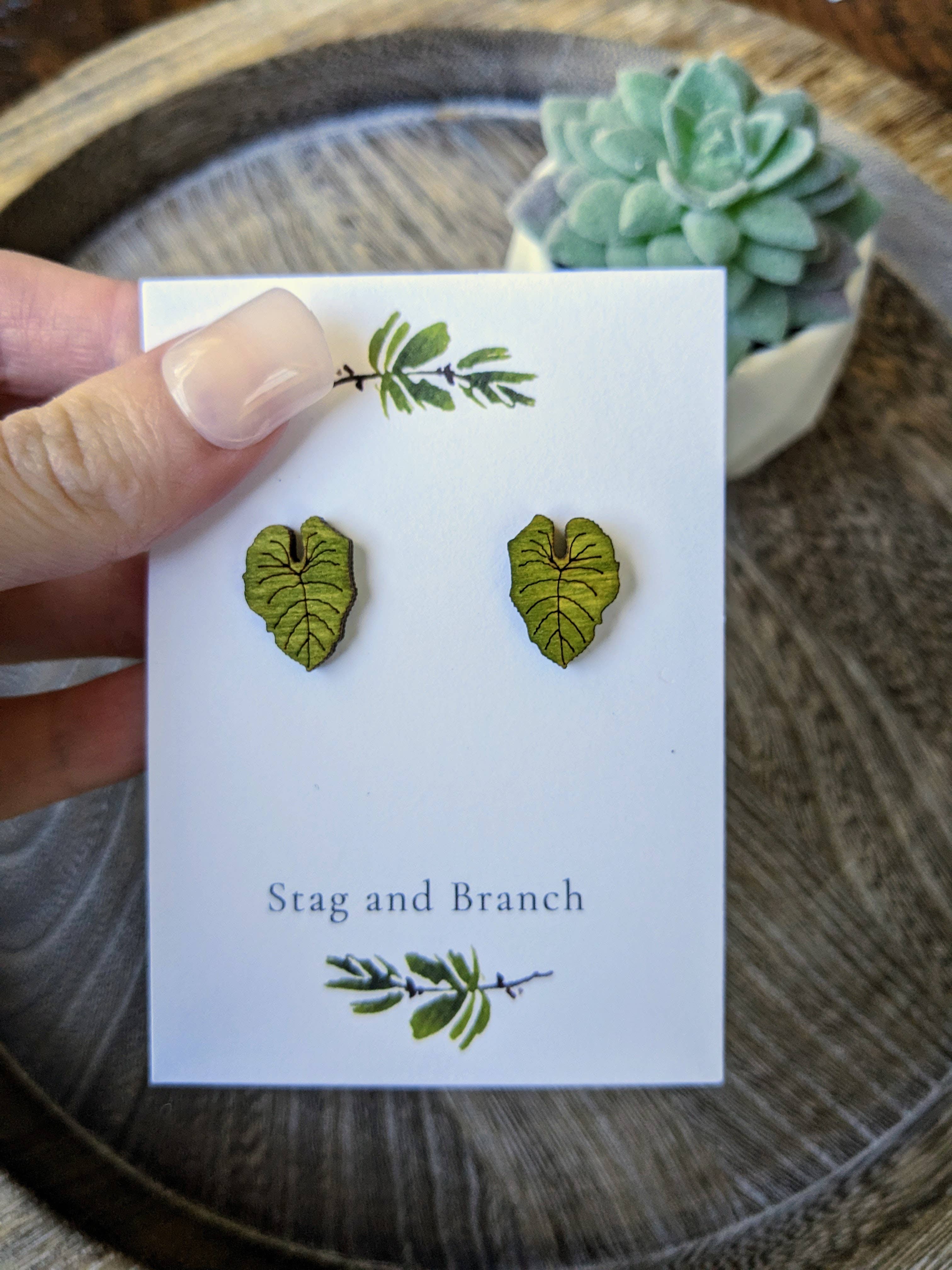 Stag and Branch - Wholesale Stud/Post Earrings - Mini Philodendron Leaf Stud Earrings | Handmade Wood Jewelry2