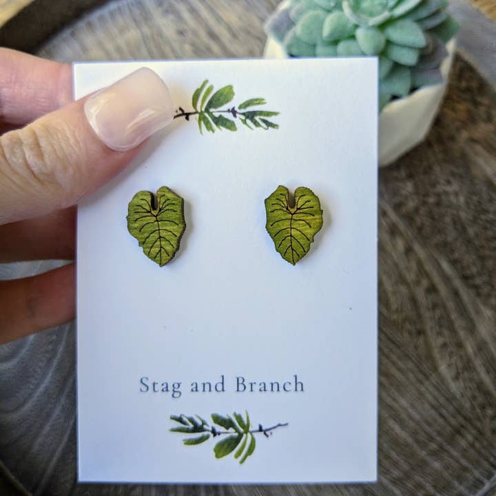 Stag and Branch - Wholesale Stud/Post Earrings - Mini Philodendron Leaf Stud Earrings | Handmade Wood Jewelry2