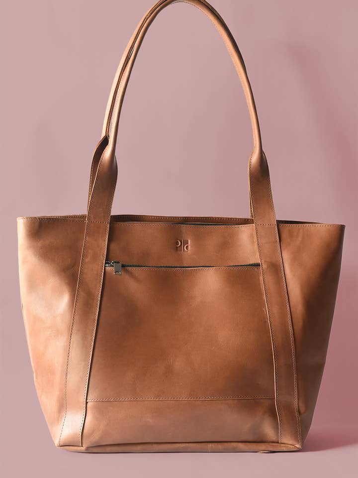 Large Cognac Brown Leather Weekender Bag with Luggage Sleeve for wholesale by Purse & Clutch