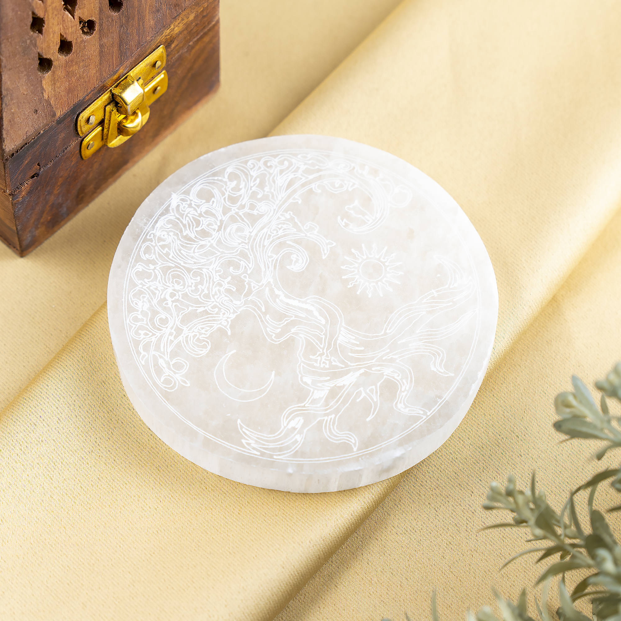 Soothing Crystals - Wholesale Crystal Charging Plate -  4" Selenite Plate | Tree of Life Moon & Sun Selenite Plate2