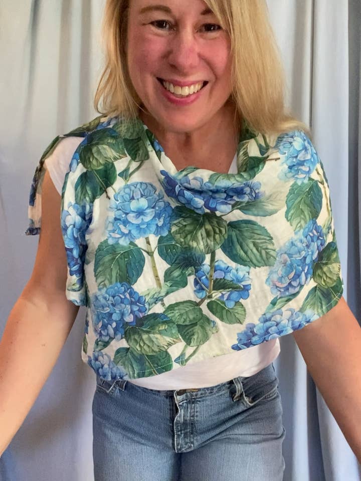 Royal Blue Hydrangea Print Organic Cotton Shawl for wholesale by Destination Dress