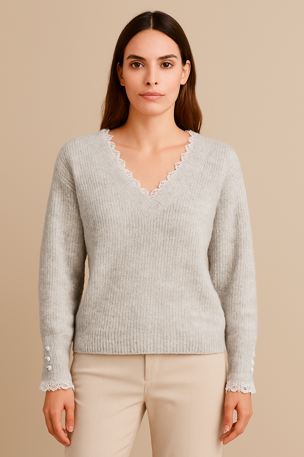 Afinity – Engroshandel Pullover - Dame – Ribstrikket sweater med blondekanter AP1305