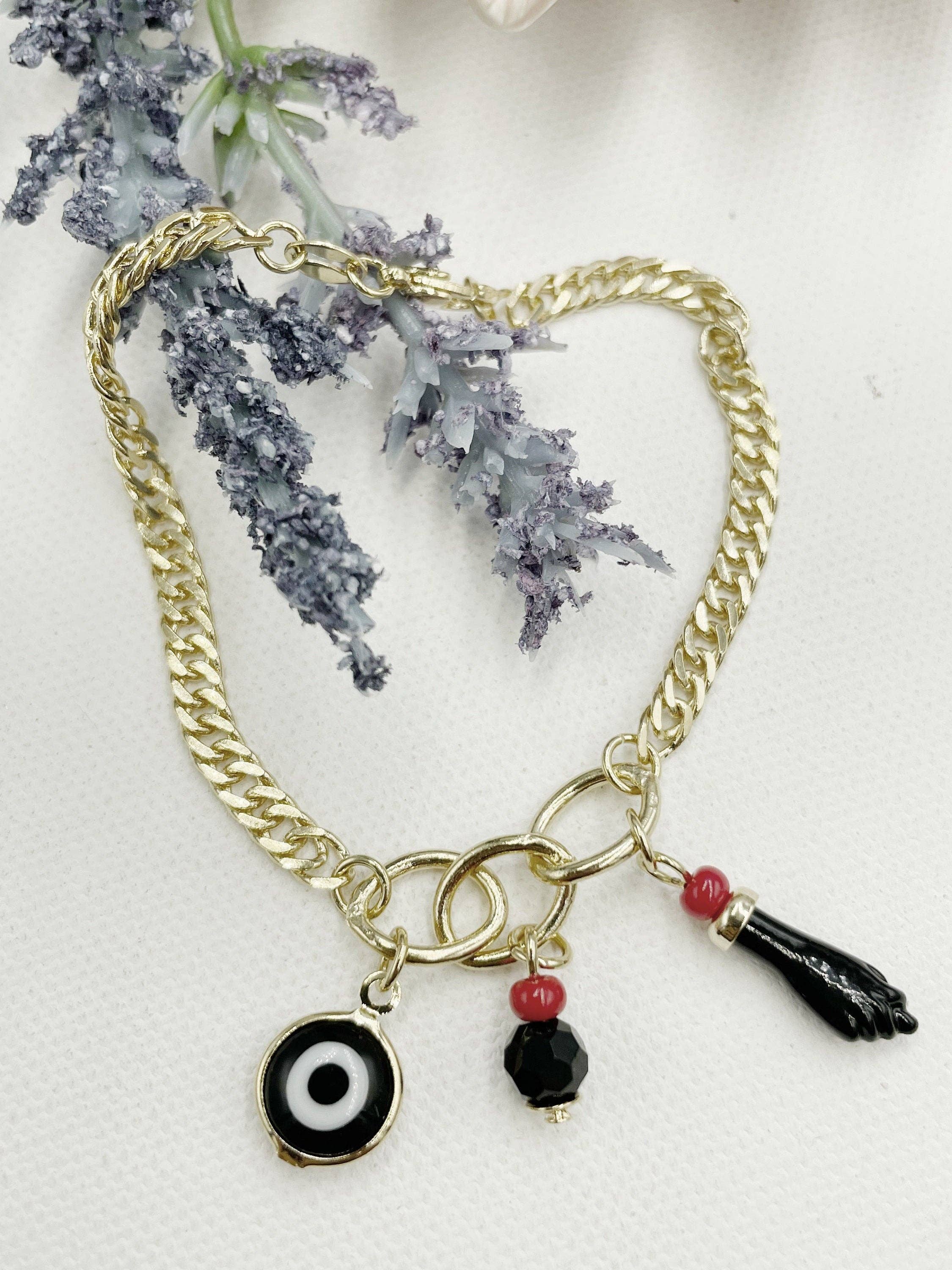 Cherie by Cherie - Venta al por mayor Pulseras de abalorios/colgantes - Pulsera colgante de mano de figa, mal de ojo, cuentas negras y rojas1