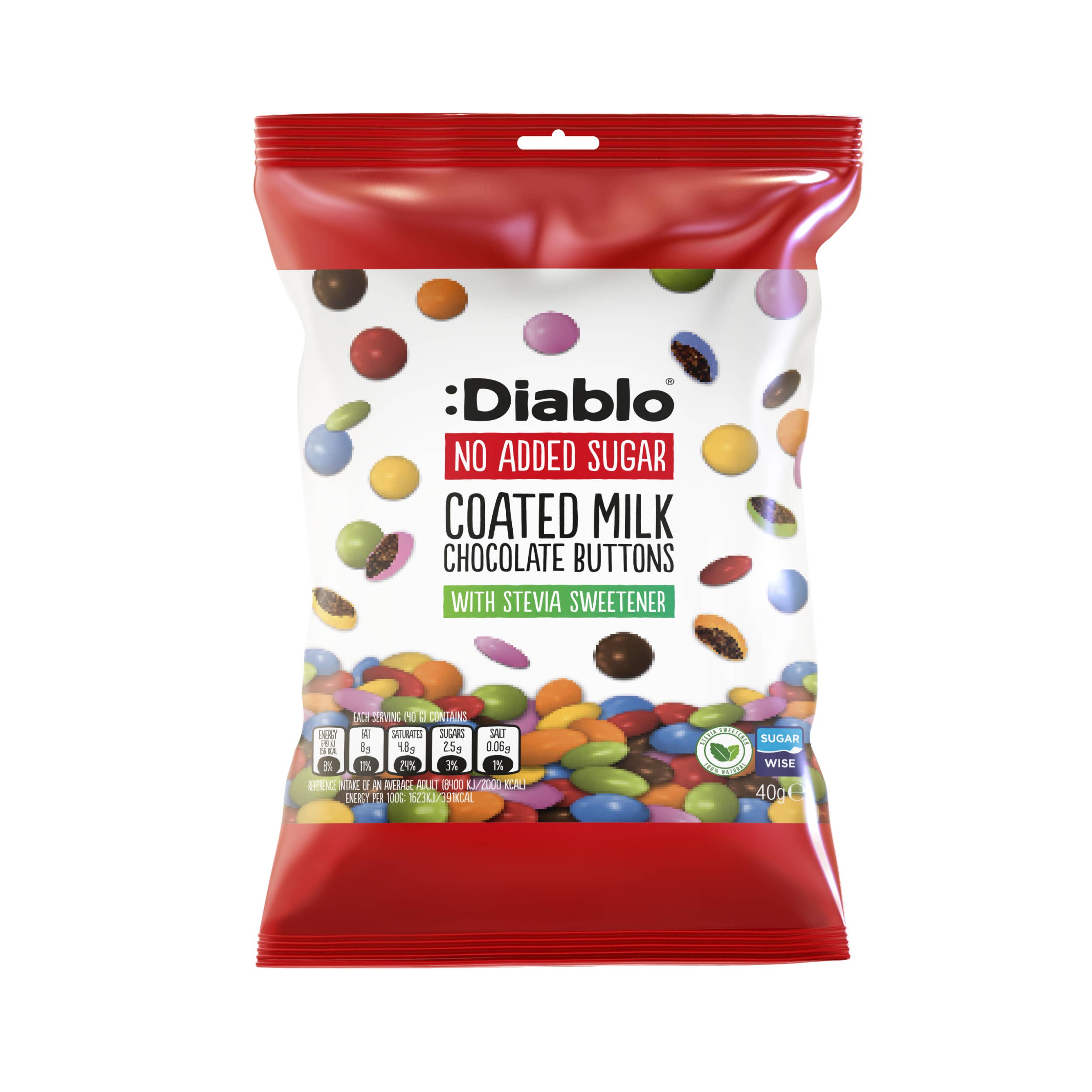 Diablo Sugar Free - Wholesale Chocolate-covered sweets - :Diablo No Added Sugar Coated Milk Chocolate Buttons 40g
