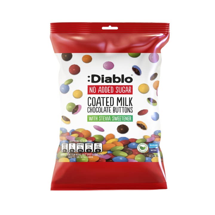 Diablo Sugar Free - Wholesale Chocolate Covered Sweets - :Diablo No Added Sugar Coated Milk Chocolate Buttons 40g