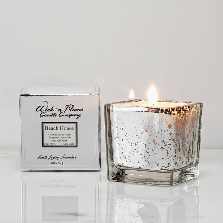 Beach House 2oz Mini Cube Votive for wholesale by Wick 'n Flame Candle Company