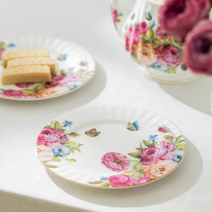Sandra's Rose with Butterflies 7.75" Bone China Dessert Plat for wholesale by Grace Teaware