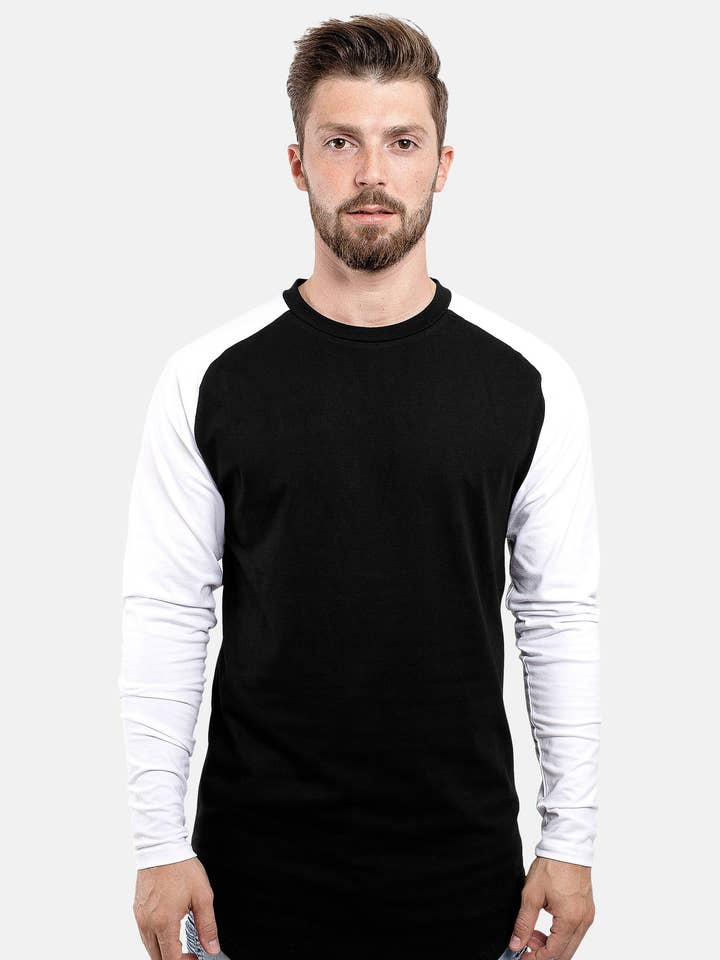 T-shirt da baseball Longline Nero Bianco per la vendita all'ingrosso da parte di Blackskies