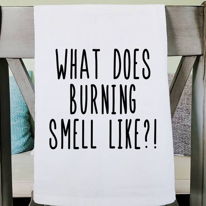 Black Ink What Does Burning Smell Like?! funny flour sack towel for wholesale on Faire1