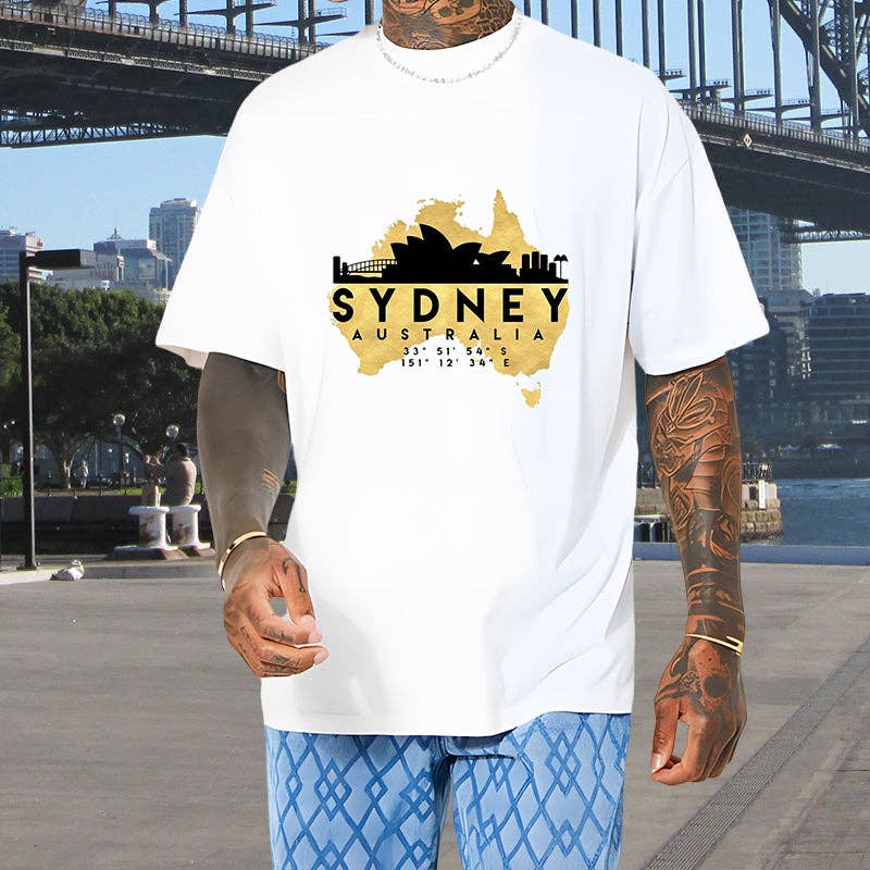 Blanc T-shirt avec carte de l'Australie et monuments de Sydney T-shirt Aussie Pride en vente sur Faire0