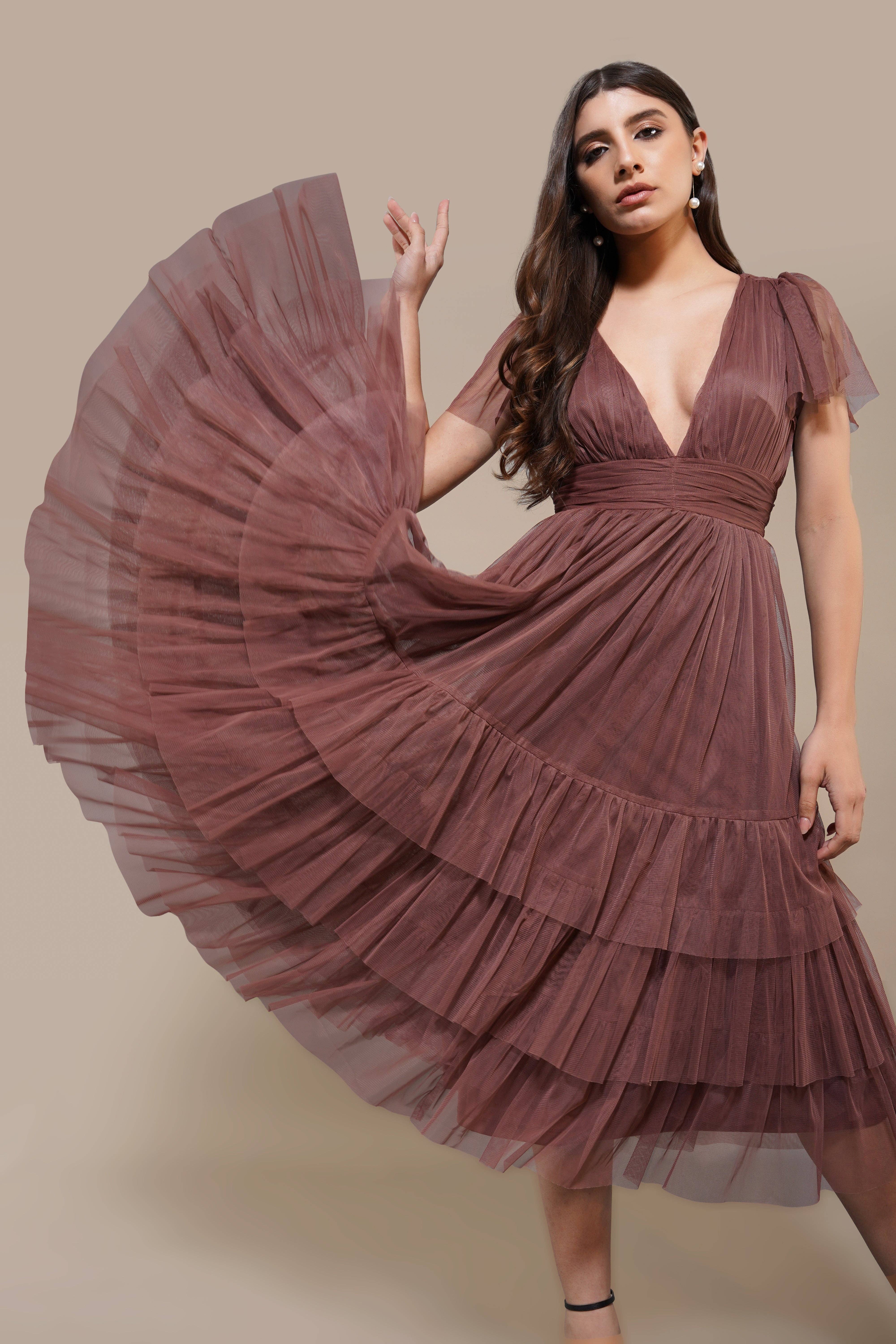 Madison Rose Brown Tulle Bridesmaid Midi Dress for wholesale on Faire2