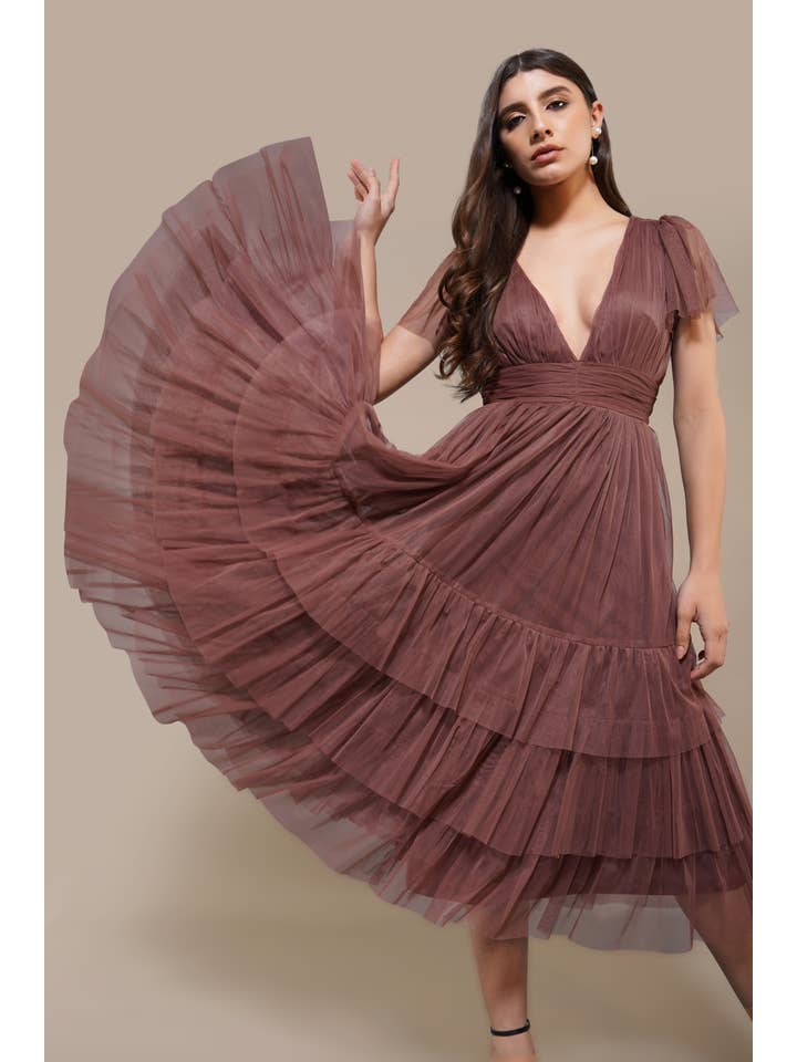 Madison Rose Brown Tulle Bridesmaid Midi Dress for wholesale on Faire2